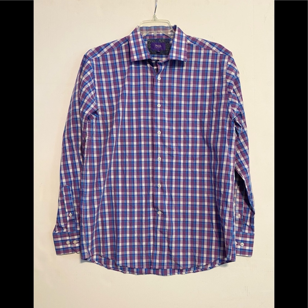 EUC Tallia Button Down Shirt Bold Purple/Blue/White Plaid SZ L 16 1/2